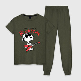 Женская пижама хлопок с принтом Snoopy Rockstar в Кировске, 100% хлопок | брюки и футболка прямого кроя, без карманов, на брюках мягкая резинка на поясе и по низу штанин | гитара