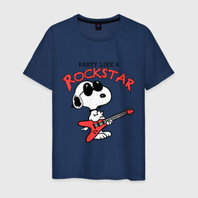 Мужская футболка хлопок с принтом Snoopy Rockstar в Кировске, 100% хлопок | прямой крой, круглый вырез горловины, длина до линии бедер, слегка спущенное плечо. | Тематика изображения на принте: гитара