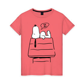 Женская футболка хлопок с принтом Спящий Снупи в Кировске, 100% хлопок | прямой крой, круглый вырез горловины, длина до линии бедер, слегка спущенное плечо | snoopy | домик | мультфильм | снупи | собака | спящий снупи