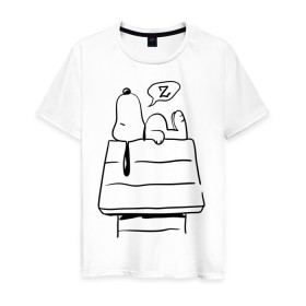 Мужская футболка хлопок с принтом Спящий Снупи в Кировске, 100% хлопок | прямой крой, круглый вырез горловины, длина до линии бедер, слегка спущенное плечо. | snoopy | домик | мультфильм | снупи | собака | спящий снупи