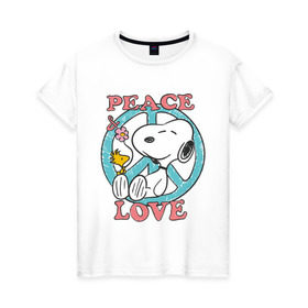 Женская футболка хлопок с принтом Мир и любовь в Кировске, 100% хлопок | прямой крой, круглый вырез горловины, длина до линии бедер, слегка спущенное плечо | snoopy | мир и любовь | мультфильм | снупи | собака