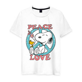 Мужская футболка хлопок с принтом Мир и любовь в Кировске, 100% хлопок | прямой крой, круглый вырез горловины, длина до линии бедер, слегка спущенное плечо. | snoopy | мир и любовь | мультфильм | снупи | собака