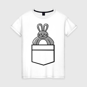 Женская футболка хлопок с принтом Зайчик в кармашке в Кировске, 100% хлопок | прямой крой, круглый вырез горловины, длина до линии бедер, слегка спущенное плечо | животные | зайчик | карман | одежда | прикольные картинки