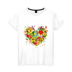 Женская футболка хлопок с принтом Сердце из полевых цветов в Кировске, 100% хлопок | прямой крой, круглый вырез горловины, длина до линии бедер, слегка спущенное плечо | любовь | праздник | сердце из полевых цветов | счастье | цветы