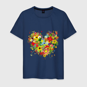 Мужская футболка хлопок с принтом Сердце из полевых цветов в Кировске, 100% хлопок | прямой крой, круглый вырез горловины, длина до линии бедер, слегка спущенное плечо. | любовь | праздник | сердце из полевых цветов | счастье | цветы
