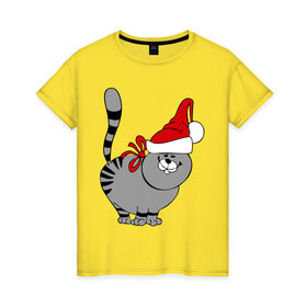 Женская футболка хлопок с принтом Кот в шапке в Кировске, 100% хлопок | прямой крой, круглый вырез горловины, длина до линии бедер, слегка спущенное плечо | киса | колпак | кот | кот в шапке | кошка | новый год | шапка