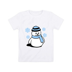 Детская футболка хлопок с принтом Снеговик в Кировске, 100% хлопок | круглый вырез горловины, полуприлегающий силуэт, длина до линии бедер | зима | новый год | снег | снеговик | снежинки | шарф