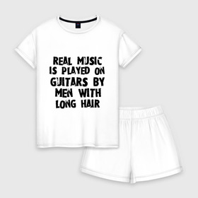Женская пижама с шортиками хлопок с принтом Real music в Кировске, 100% хлопок | футболка прямого кроя, шорты свободные с широкой мягкой резинкой | i love rock | music | real music | rock | skull | музыкантам | рок