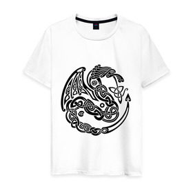 Мужская футболка хлопок с принтом Кельтский дракон в Кировске, 100% хлопок | прямой крой, круглый вырез горловины, длина до линии бедер, слегка спущенное плечо. | вязь | дракон | кельтский | кельты | трайбл | узор