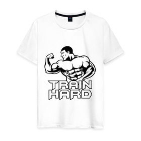 Мужская футболка хлопок с принтом Train hard (тренируйся усердно) в Кировске, 100% хлопок | прямой крой, круглый вырез горловины, длина до линии бедер, слегка спущенное плечо. | 