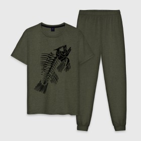 Мужская пижама хлопок с принтом Рыбий скелет в Кировске, 100% хлопок | брюки и футболка прямого кроя, без карманов, на брюках мягкая резинка на поясе и по низу штанин
 | скелет