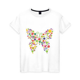 Женская футболка хлопок с принтом Бабочка из цветов в Кировске, 100% хлопок | прямой крой, круглый вырез горловины, длина до линии бедер, слегка спущенное плечо | бабочка | цветочек