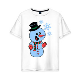 Женская футболка хлопок Oversize с принтом Снеговик и снежинки в Кировске, 100% хлопок | свободный крой, круглый ворот, спущенный рукав, длина до линии бедер
 | новый год | снег | снеговик | снеговик и снежинки | снежинка | снежинки