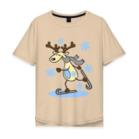 Мужская футболка хлопок Oversize с принтом Олень на лыжах. в Кировске, 100% хлопок | свободный крой, круглый ворот, “спинка” длиннее передней части | Тематика изображения на принте: лыжи | новогодние подарки | новый год | олененок | олень | подарок на новый год
