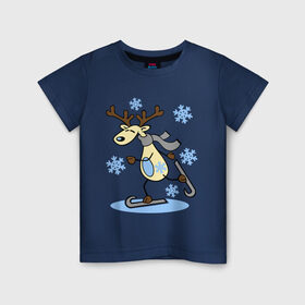 Детская футболка хлопок с принтом Олень на лыжах. в Кировске, 100% хлопок | круглый вырез горловины, полуприлегающий силуэт, длина до линии бедер | лыжи | новогодние подарки | новый год | олененок | олень | подарок на новый год