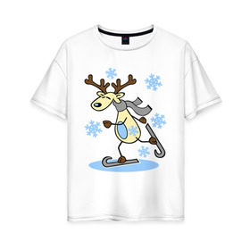 Женская футболка хлопок Oversize с принтом Олень на лыжах. в Кировске, 100% хлопок | свободный крой, круглый ворот, спущенный рукав, длина до линии бедер
 | лыжи | новогодние подарки | новый год | олененок | олень | подарок на новый год