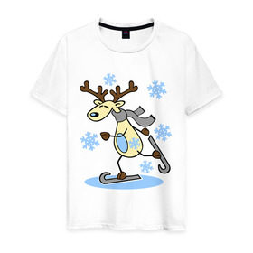 Мужская футболка хлопок с принтом Олень на лыжах. в Кировске, 100% хлопок | прямой крой, круглый вырез горловины, длина до линии бедер, слегка спущенное плечо. | лыжи | новогодние подарки | новый год | олененок | олень | подарок на новый год