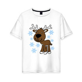Женская футболка хлопок Oversize с принтом Олень в снегу. в Кировске, 100% хлопок | свободный крой, круглый ворот, спущенный рукав, длина до линии бедер
 | новогодний подарок | новый год | олень | с новым годом | снег | снежинки