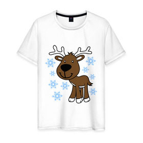 Мужская футболка хлопок с принтом Олень в снегу. в Кировске, 100% хлопок | прямой крой, круглый вырез горловины, длина до линии бедер, слегка спущенное плечо. | новогодний подарок | новый год | олень | с новым годом | снег | снежинки