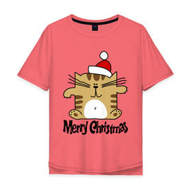 Мужская футболка хлопок Oversize с принтом Квадратный кот в Кировске, 100% хлопок | свободный крой, круглый ворот, “спинка” длиннее передней части | merry christmas | кот | новогодний колпак | новогодний подарок | новый год | с новым годом