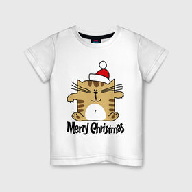 Детская футболка хлопок с принтом Квадратный кот в Кировске, 100% хлопок | круглый вырез горловины, полуприлегающий силуэт, длина до линии бедер | merry christmas | кот | новогодний колпак | новогодний подарок | новый год | с новым годом