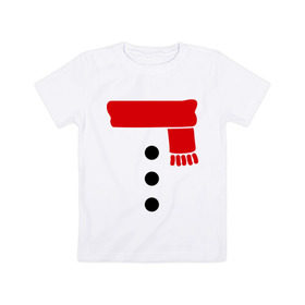 Детская футболка хлопок с принтом Снеговик, пуговицы и шарф в Кировске, 100% хлопок | круглый вырез горловины, полуприлегающий силуэт, длина до линии бедер | новогодние подарки | новогодний подарок | новый год | снег | снеговик | шарф