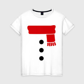 Женская футболка хлопок с принтом Снеговик, пуговицы и шарф в Кировске, 100% хлопок | прямой крой, круглый вырез горловины, длина до линии бедер, слегка спущенное плечо | новогодние подарки | новогодний подарок | новый год | снег | снеговик | шарф