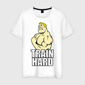 Мужская футболка хлопок с принтом Train hard (тренируйся усердно) в Кировске, 100% хлопок | прямой крой, круглый вырез горловины, длина до линии бедер, слегка спущенное плечо. | Тематика изображения на принте: 
