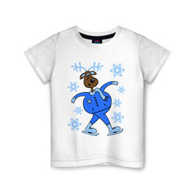 Детская футболка хлопок с принтом Олень на коньках в Кировске, 100% хлопок | круглый вырез горловины, полуприлегающий силуэт, длина до линии бедер | коньки | новогодний подарок | олень | олень и снег | олень на коньках | с новым годом | снежинки
