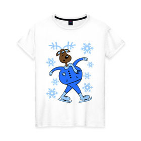 Женская футболка хлопок с принтом Олень на коньках в Кировске, 100% хлопок | прямой крой, круглый вырез горловины, длина до линии бедер, слегка спущенное плечо | коньки | новогодний подарок | олень | олень и снег | олень на коньках | с новым годом | снежинки