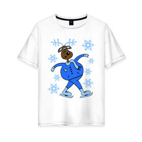 Женская футболка хлопок Oversize с принтом Олень на коньках в Кировске, 100% хлопок | свободный крой, круглый ворот, спущенный рукав, длина до линии бедер
 | коньки | новогодний подарок | олень | олень и снег | олень на коньках | с новым годом | снежинки