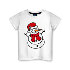Детская футболка хлопок с принтом Снеговик в Кировске, 100% хлопок | круглый вырез горловины, полуприлегающий силуэт, длина до линии бедер | Тематика изображения на принте: 2014 | веселый снеговик | зима | снег | снеговик | снеговикновый год | снежинки