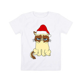 Детская футболка хлопок с принтом Угрюмый новогодний кот в Кировске, 100% хлопок | круглый вырез горловины, полуприлегающий силуэт, длина до линии бедер | кот | котик | котя | новый год | новый год 2014 | угрюмый новогодний кот