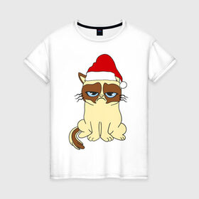 Женская футболка хлопок с принтом Угрюмый новогодний кот в Кировске, 100% хлопок | прямой крой, круглый вырез горловины, длина до линии бедер, слегка спущенное плечо | кот | котик | котя | новый год | новый год 2014 | угрюмый новогодний кот