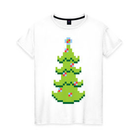 Женская футболка хлопок с принтом Пиксельная елка в Кировске, 100% хлопок | прямой крой, круглый вырез горловины, длина до линии бедер, слегка спущенное плечо | 8 bit | елочка | ель | новогодняя елка | пиксели | пиксельный | с новым годом | с рождеством
