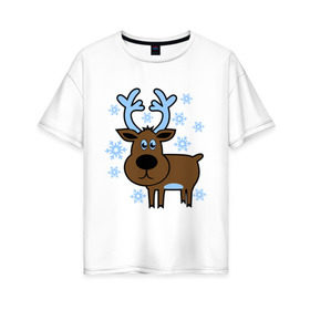 Женская футболка хлопок Oversize с принтом Олень и снежинки в Кировске, 100% хлопок | свободный крой, круглый ворот, спущенный рукав, длина до линии бедер
 | новогодний подарок | новый год | олень | олень и снижинки | с новым годом | снег | снежинки