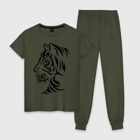 Женская пижама хлопок с принтом Тигр тату в Кировске, 100% хлопок | брюки и футболка прямого кроя, без карманов, на брюках мягкая резинка на поясе и по низу штанин | татуировки