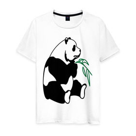 Мужская футболка хлопок с принтом Панда и бамбук в Кировске, 100% хлопок | прямой крой, круглый вырез горловины, длина до линии бедер, слегка спущенное плечо. | Тематика изображения на принте: бамбук | животные | панда ест бамбук | панда и бамбук