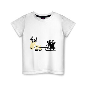 Детская футболка хлопок с принтом Новогодний олень в Кировске, 100% хлопок | круглый вырез горловины, полуприлегающий силуэт, длина до линии бедер | новогодний | олень | рождество | сани