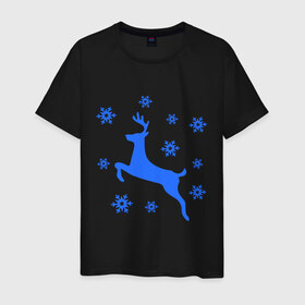 Мужская футболка хлопок с принтом Олень и снежинки в Кировске, 100% хлопок | прямой крой, круглый вырез горловины, длина до линии бедер, слегка спущенное плечо. | олень и снежинки | праздник | снежинки