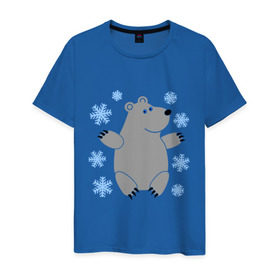 Мужская футболка хлопок с принтом Белый мишка в Кировске, 100% хлопок | прямой крой, круглый вырез горловины, длина до линии бедер, слегка спущенное плечо. | белый медведь | белый мишка | животные | мишка с в снежинках | новогодний мишка | новый год