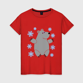 Женская футболка хлопок с принтом Белый мишка в Кировске, 100% хлопок | прямой крой, круглый вырез горловины, длина до линии бедер, слегка спущенное плечо | белый медведь | белый мишка | животные | мишка с в снежинках | новогодний мишка | новый год