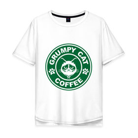 Мужская футболка хлопок Oversize с принтом Grumpy cat coffee в Кировске, 100% хлопок | свободный крой, круглый ворот, “спинка” длиннее передней части | grumpy cat coffee | антибренд | кот | сердитый кот