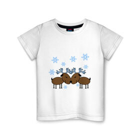 Детская футболка хлопок с принтом Влюбленные олени в Кировске, 100% хлопок | круглый вырез горловины, полуприлегающий силуэт, длина до линии бедер | влюбленные олени | новый год | олени | снежинки