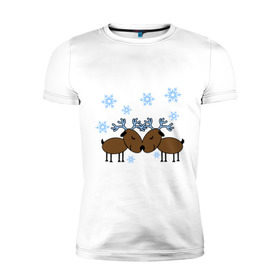Мужская футболка премиум с принтом Влюбленные олени в Кировске, 92% хлопок, 8% лайкра | приталенный силуэт, круглый вырез ворота, длина до линии бедра, короткий рукав | влюбленные олени | новый год | олени | снежинки