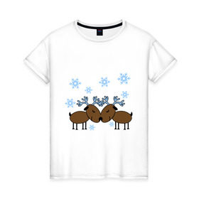 Женская футболка хлопок с принтом Влюбленные олени в Кировске, 100% хлопок | прямой крой, круглый вырез горловины, длина до линии бедер, слегка спущенное плечо | влюбленные олени | новый год | олени | снежинки
