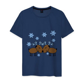 Мужская футболка хлопок с принтом Влюбленные олени в Кировске, 100% хлопок | прямой крой, круглый вырез горловины, длина до линии бедер, слегка спущенное плечо. | влюбленные олени | новый год | олени | снежинки