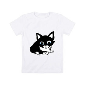 Детская футболка хлопок с принтом Кошечка в Кировске, 100% хлопок | круглый вырез горловины, полуприлегающий силуэт, длина до линии бедер | киска | кошечка | кошка с белым хвостиком | мяу | черная кошка