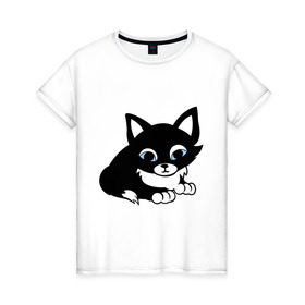 Женская футболка хлопок с принтом Кошечка в Кировске, 100% хлопок | прямой крой, круглый вырез горловины, длина до линии бедер, слегка спущенное плечо | киска | кошечка | кошка с белым хвостиком | мяу | черная кошка
