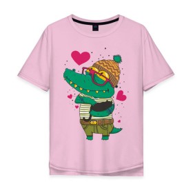 Мужская футболка хлопок Oversize с принтом Влюбленный крокодил в Кировске, 100% хлопок | свободный крой, круглый ворот, “спинка” длиннее передней части | влюбленный | влюбленный крокодил | крокодил | крокодил в шапке | сердечки | шапка